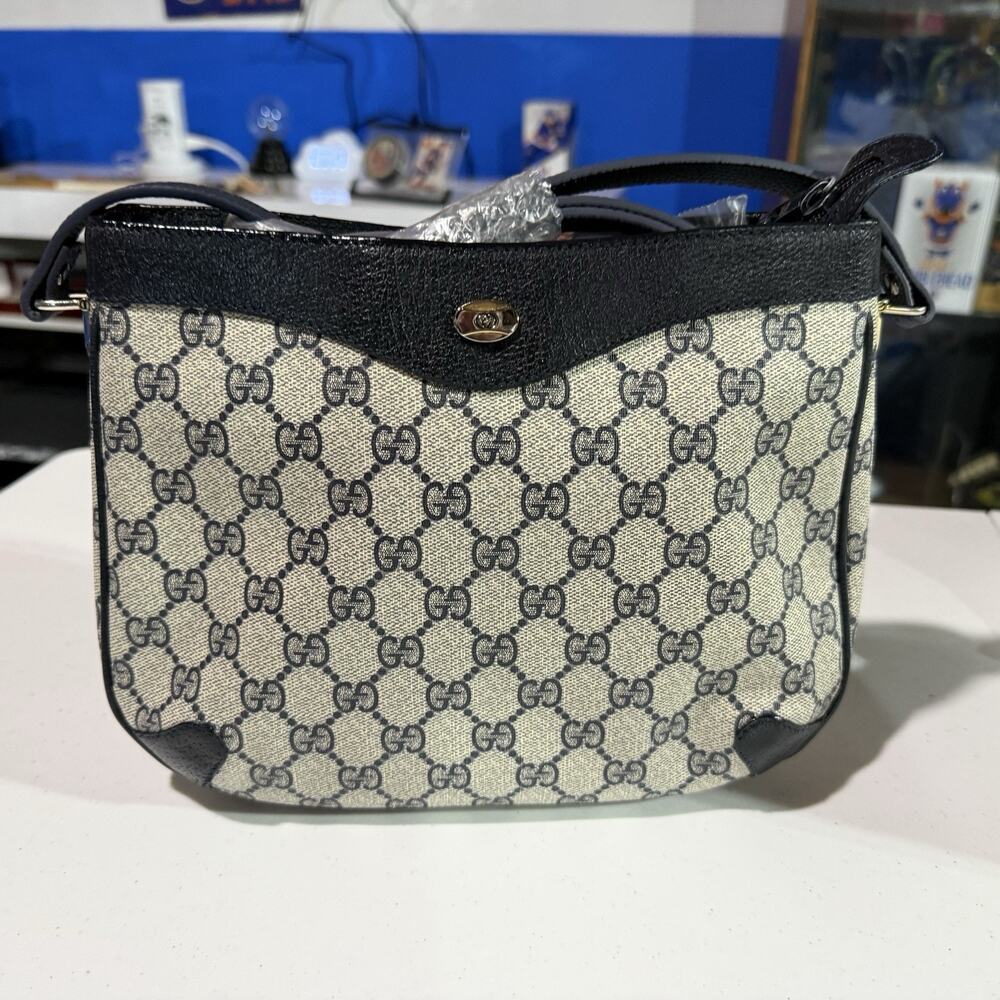 Gucci Beige and Black GG Canvas Shoulder Bag with Gold Accent